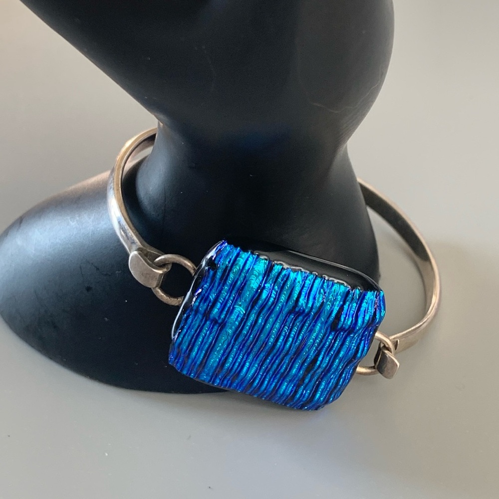Sterling Silver and Dichroic Aqua Blue Green Glass Bangle Bracelet
